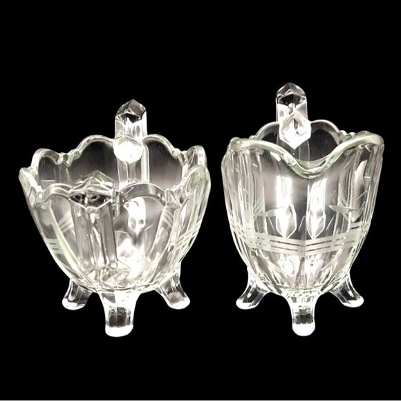 Early American Pressed Glass Floral Etched Creamer & Open Sugar Set EAPG - Picture 4 of 8